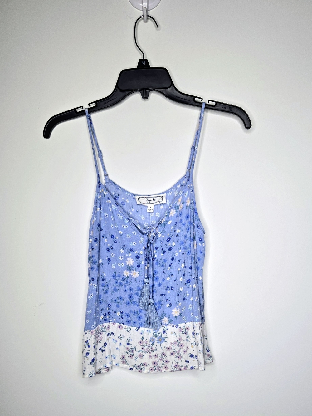 NWT Hippie Rose Light Blue Floral Tassel Camisole with White Floral Hem Size S
